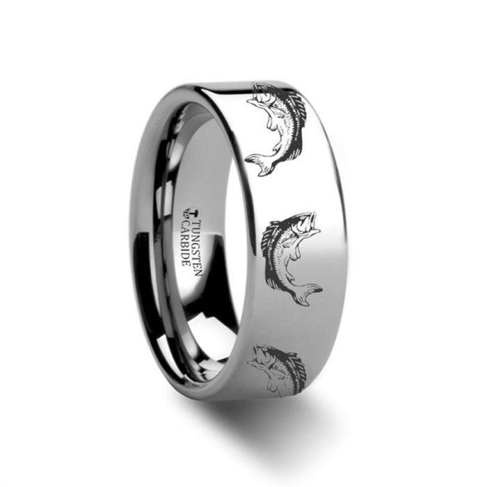 Bass Fish Jumping Sea Print Pattern Ring Engraved Flat Tungsten Ring - 4mm - 12mm