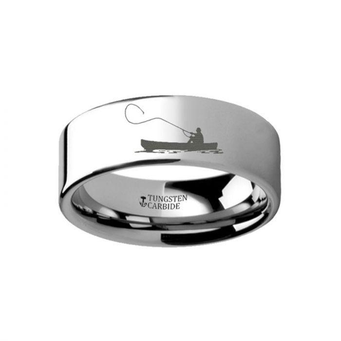 Hunting Landscape Scene Fishing Boat Fishermen Fish Ring Engraved Flat Tungsten Ring - 4mm - 12mm