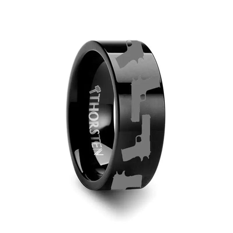 M1911 Print Design Ring Engraved Flat Tungsten Black Ring - 4mm - 12mm