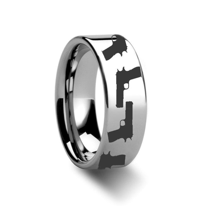 M1911 Firearm M1911 Design Ring Engraved Flat Tungsten Ring - 4mm - 12mm