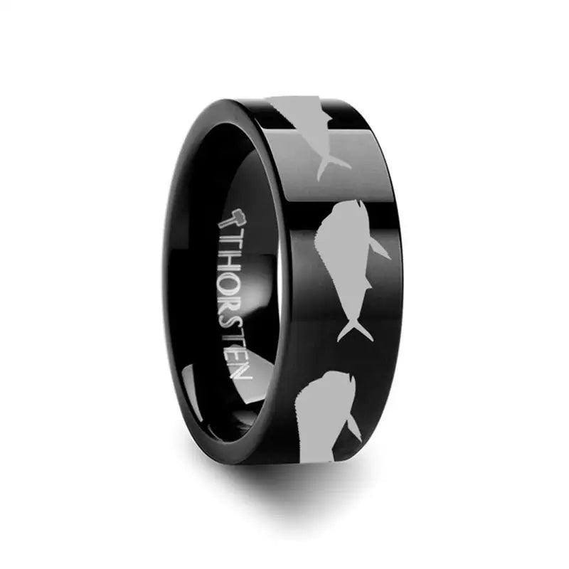 Mahi Fish Jumping Sea Print Pattern Ring Engraved Flat Black Tungsten Ring - 4mm - 12mm