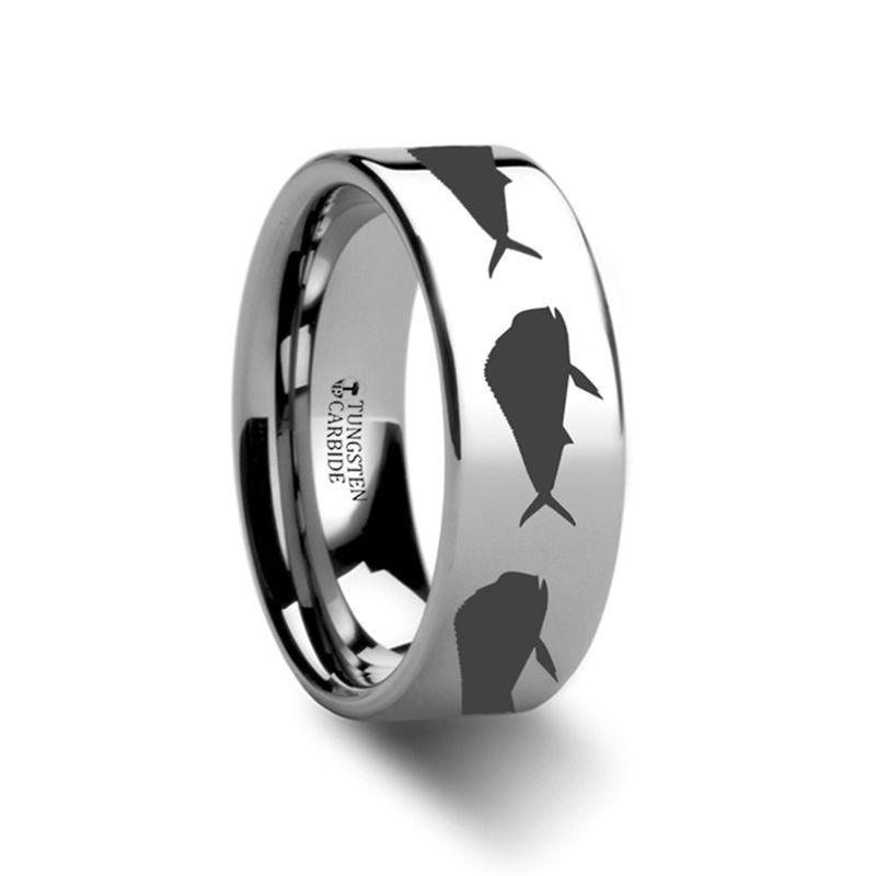 Mahi Fish Jumping Sea Print Pattern Ring Engraved Flat Tungsten Ring - 4mm - 12mm