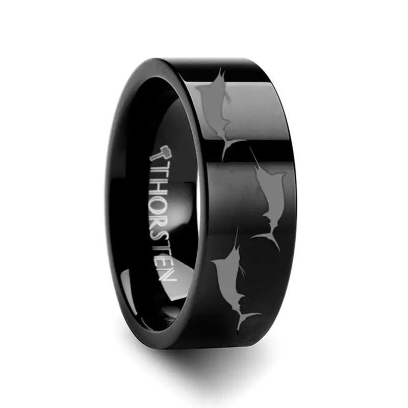 Marlin Fish Sea Print Pattern Ring Engraved Flat Black Tungsten Ring - 4mm - 12mm