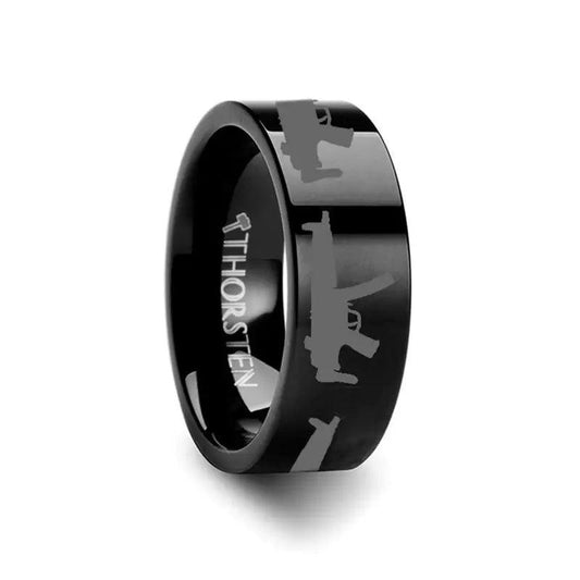 MP5 Print Design Ring Engraved Flat Tungsten Black Ring - 4mm - 12mm