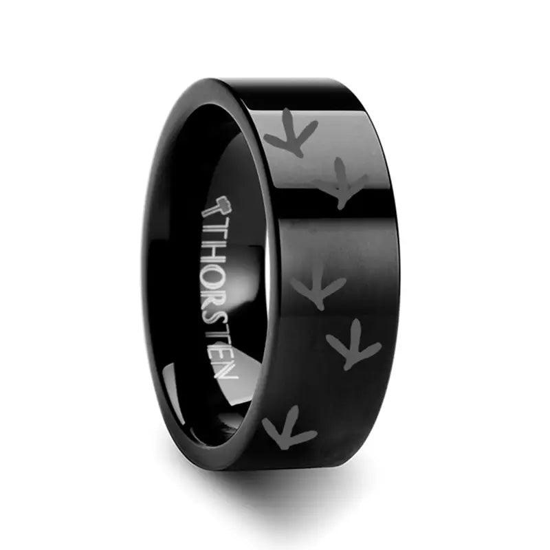 Quail Bird Track Print Ring Engraved Flat Black Tungsten Ring - 4mm - 12mm