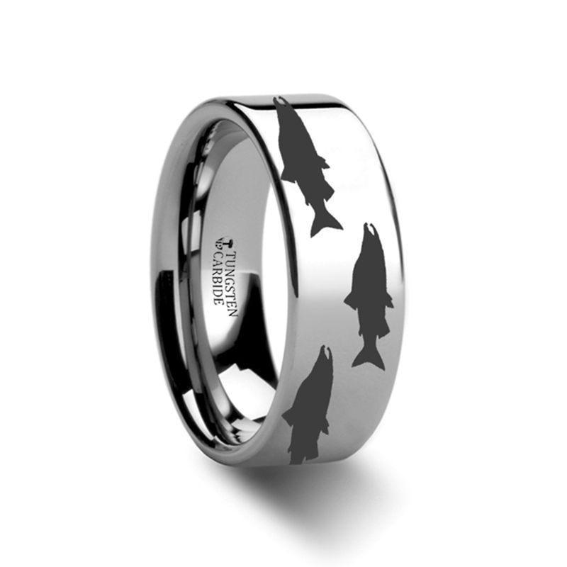 Salmon Fish Sea Print Pattern Ring Engraved Flat Tungsten Ring - 4mm - 12mm