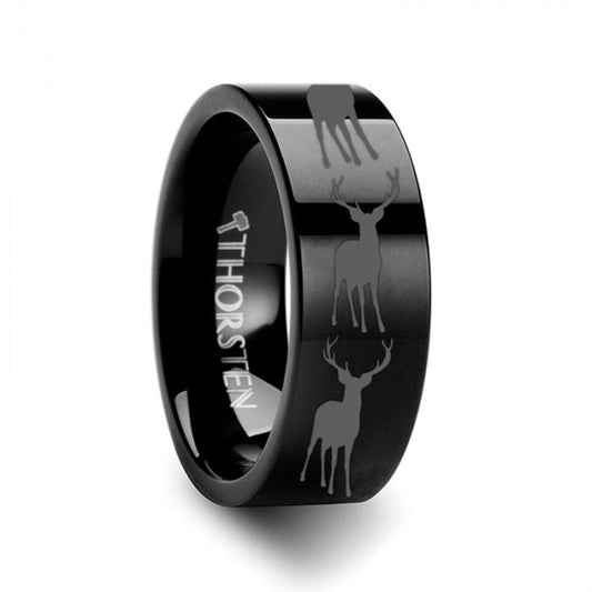 Fawn Deer Elk Print Ring Engraved Flat Black Tungsten Ring - 4mm - 12mm