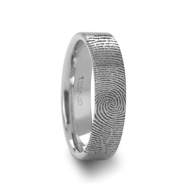 Fingerprint Engraved Flat Pipe Cut Tungsten Ring Brushed Ring - Mercury - 4mm - 12mm