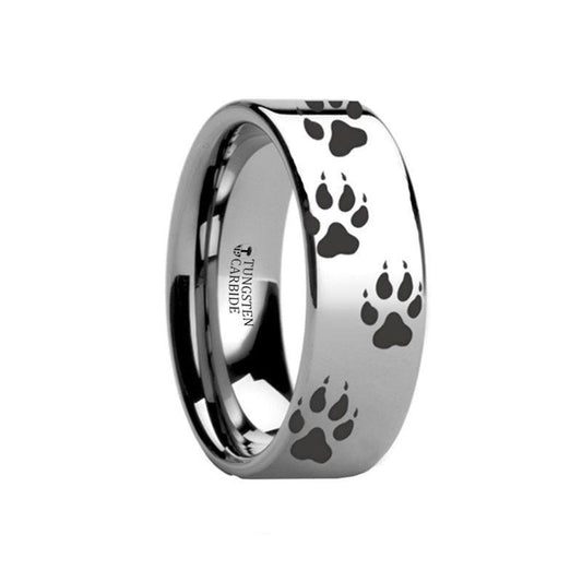 Animal Track Wolf Print Ring Engraved Flat Tungsten Polished- 4mm - 12mm