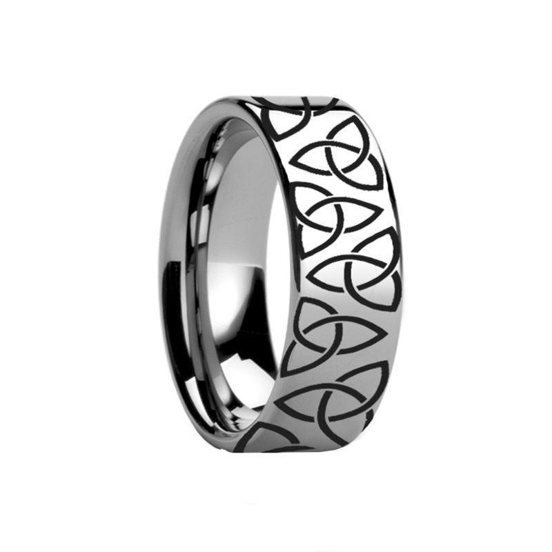 Triquetra Celtic Trinity Ring Engraved Flat Tungsten Ring Polished - 4mm - 12mm