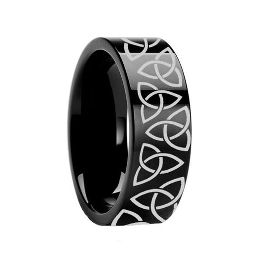 Triquetra Celtic Trinity Ring Engraved Flat Black Tungsten Ring Polished - 4mm - 12mm