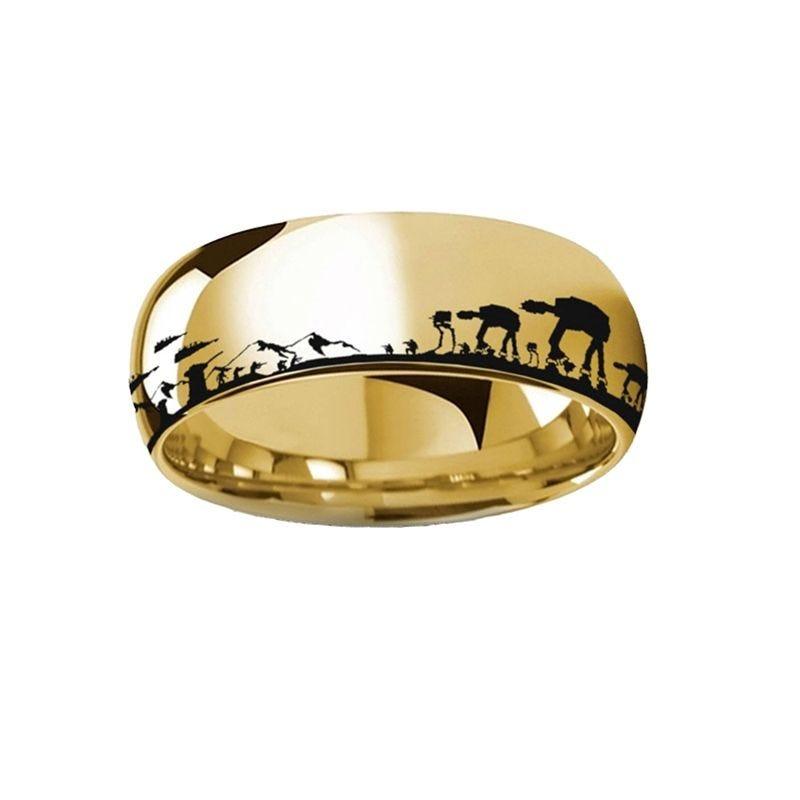 Hoth Battle Star Wars Alliance Galactic Imperial Invasion ATAT ATST Yellow Gold Plated Tungsten Engraved Ring - 4mm - 10mm