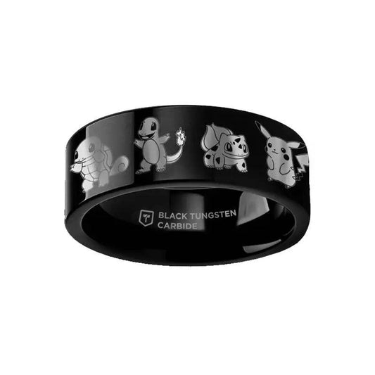 Engraved Starter Pokemon Pikachu Charmander Squirtle Bulbasaur Black Tungsten Ring Flat and Polished - 4mm - 12mm