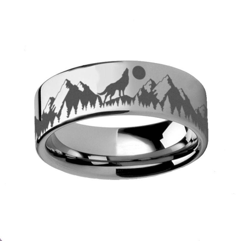 Howling Wolf Moon Mountain Ring Engraved Flat Tungsten Polished - 4mm - 12mm