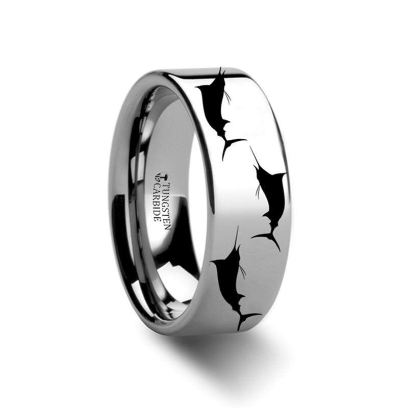 Marlin Fish Sea Print Pattern Ring Engraved Flat Tungsten Ring - 4mm - 12mm