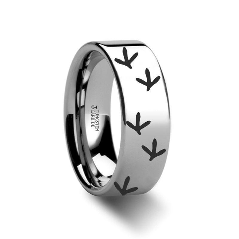 Quail Bird Track Print Ring Engraved Flat Tungsten Ring - 4mm - 12mm