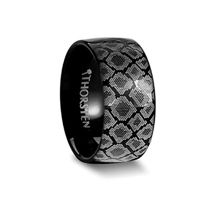 Snake Scales Print Ring Engraved Flat Black Tungsten Ring Polished - 4mm - 12mm