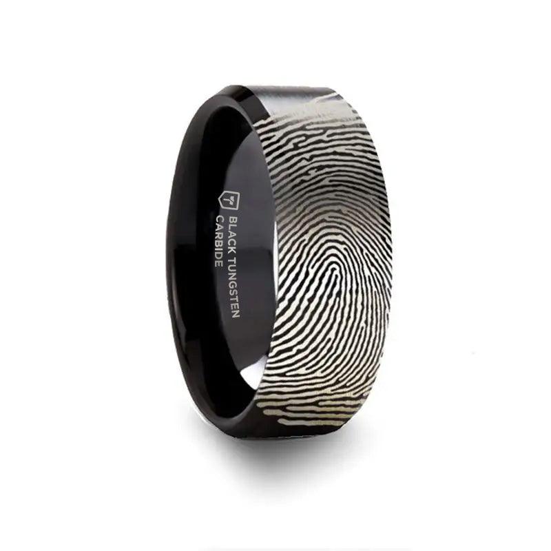 Fingerprint Black Tungsten Ring with Polished Beveled Edges and Brush Finished Center - 4mm - 10mm