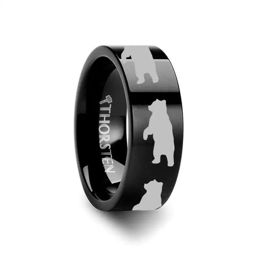 Animal Standing Print Ring Engraved Flat Black Tungsten Ring - 4mm - 12mm