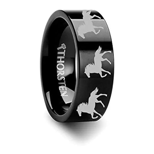 Animal Horse Print Ring Engraved Flat Black Tungsten Ring - 4mm - 12mm