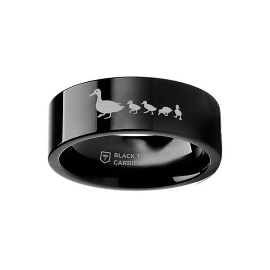 Duck Duckling Landscape Engraved Flat Black Tungsten Ring - 4mm - 12mm