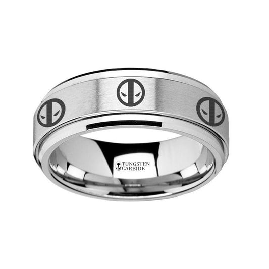 Spinning Engraved Deadpool Mercenary Symbol Tungsten Carbide Spinner Wedding Band - 8mm