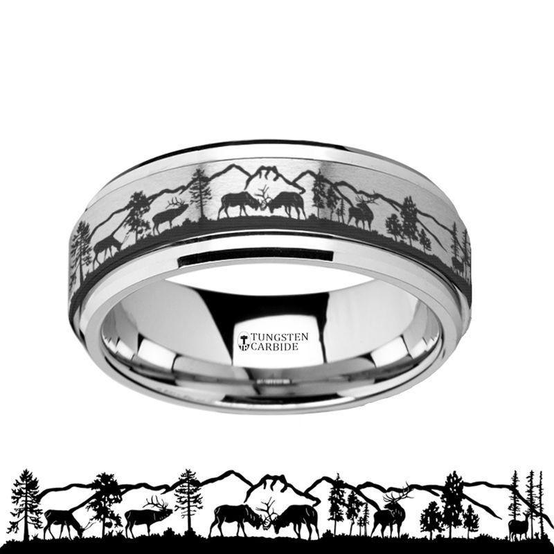 Spinning Engraved Elk Deer Stag Mountain Range Tungsten Carbide Spinner Wedding Band - 8mm