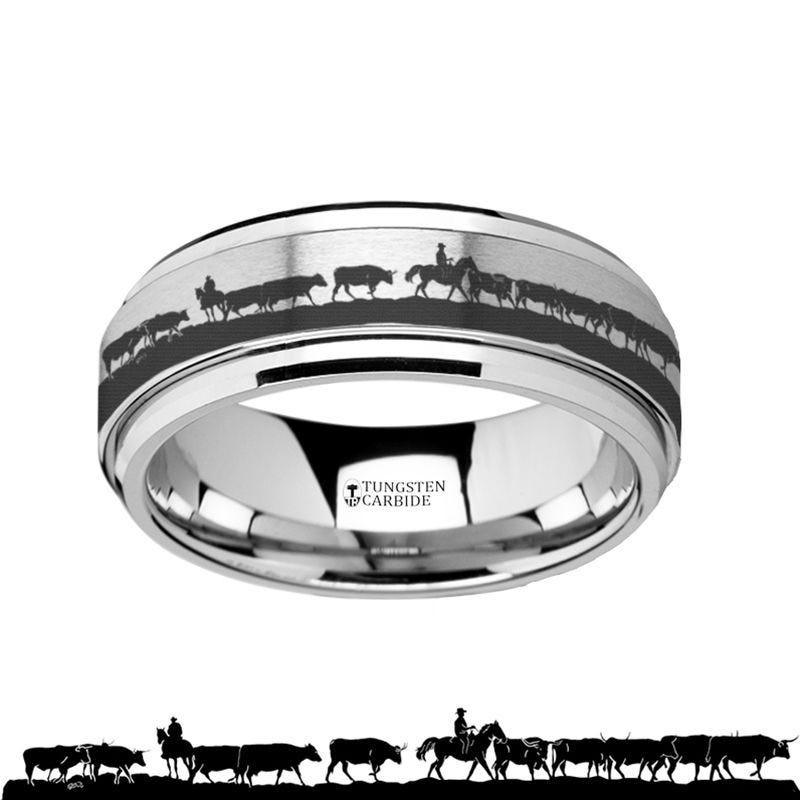 Spinning Engraved Herding Cattle Tungsten Carbide Spinner Wedding Band - 8mm