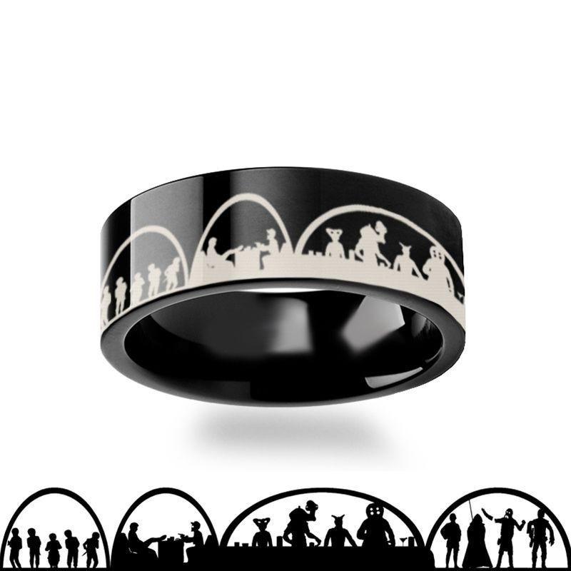 Mos Eisley Cantina A New Hope Star Wars Greedo and Han Solo Black Tungsten Engraved Ring - 4mm - 12mm