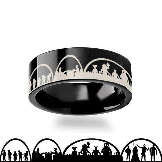 Mos Eisley Cantina A New Hope Star Wars Greedo and Han Solo Black Tungsten Engraved Ring - 4mm - 12mm