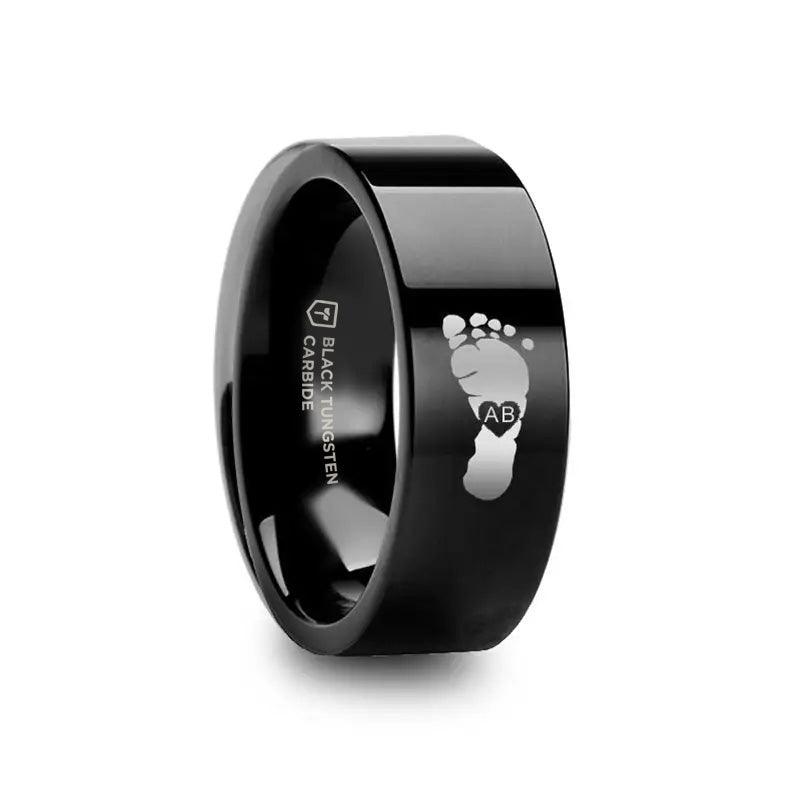 Footprint Initials Engraved Flat Pipe Cut Black Tungsten Ring Polished - 4mm - 12mm