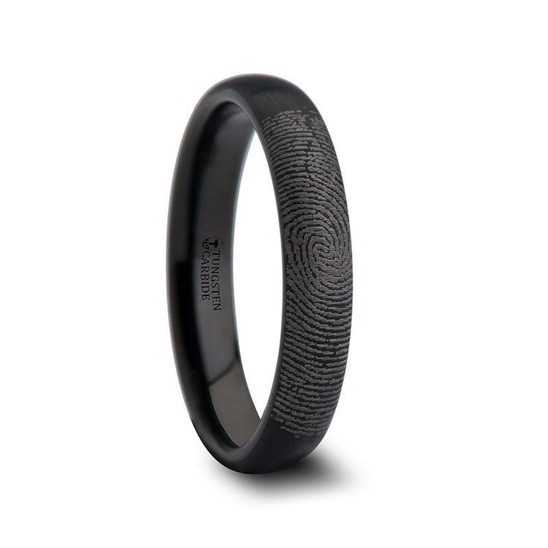 Fingerprint Engraved Domed Black Tungsten Ring with Brushed Finish - Raider - 4mm - 12mm