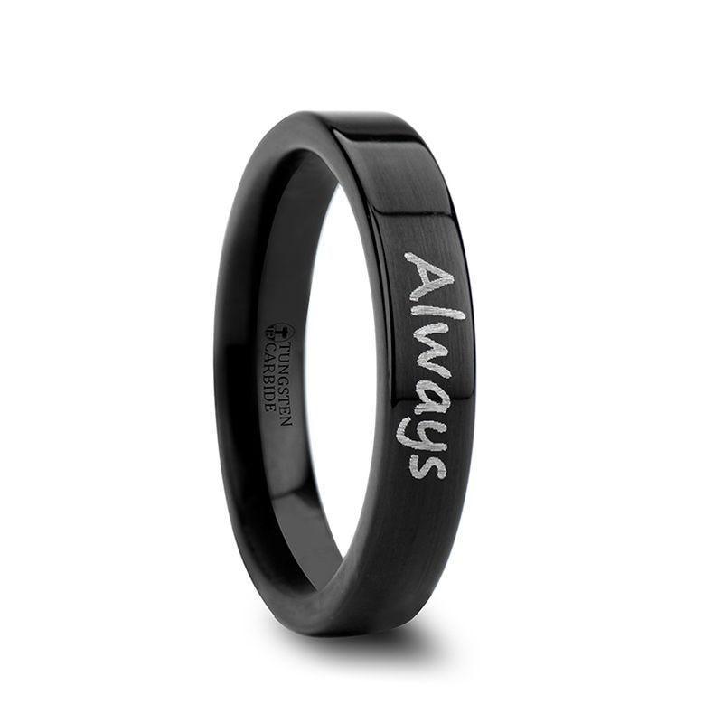 Handwritten Engraved Flat Pipe Cut Black Tungsten Ring Polished - 4mm - 12mm