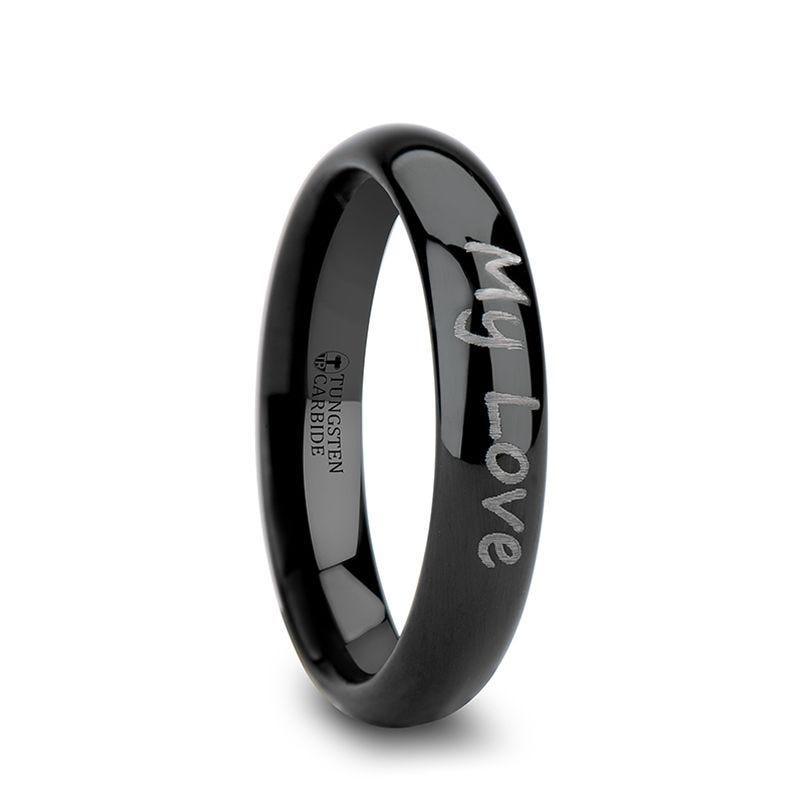 Handwritten Engraved Domed Black Tungsten Ring Polished - 4mm - 12mm