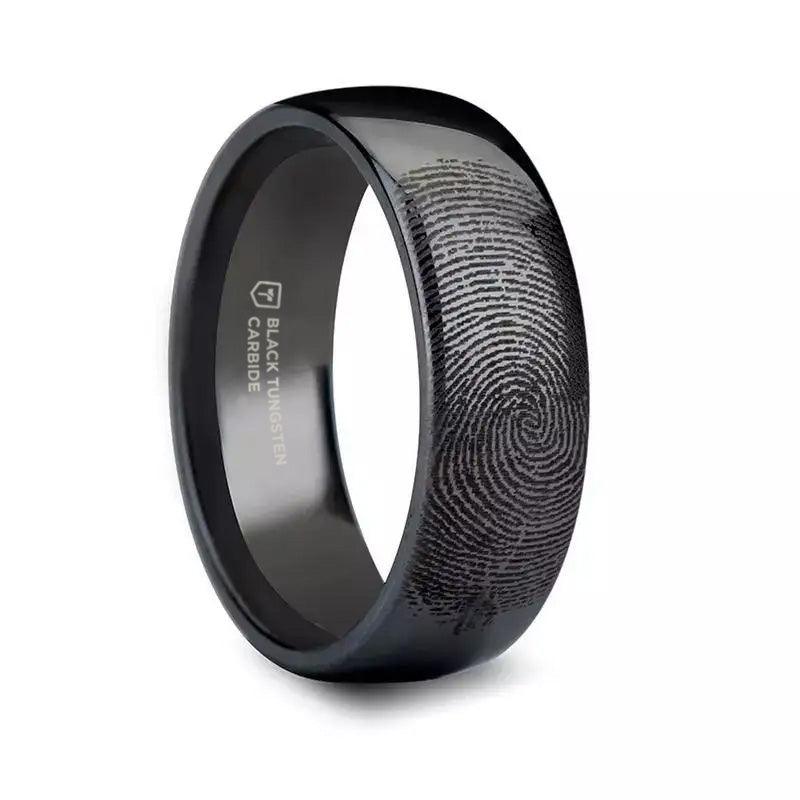 Fingerprint Engraved Domed Black Tungsten Ring Polished - 4mm - 12mm