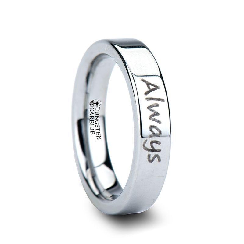 Handwritten Engraved Flat Pipe Cut Tungsten Ring Polished - 4mm - 12mm