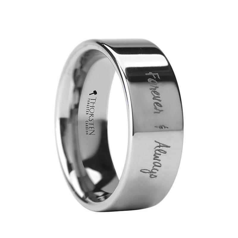 Handwritten Engraved Flat Pipe Cut Tungsten Ring Polished - 4mm - 12mm