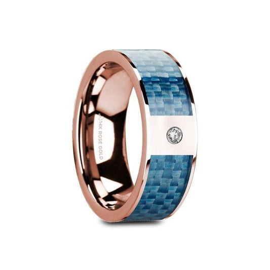 GARTH Flat 14K Rose Gold with Blue Carbon Fiber Inlay & White Diamond Setting - 8mm