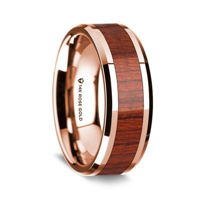 14K Rose Gold Polished Beveled Edges Wedding Ring with Padauk Inlay - 8 mm