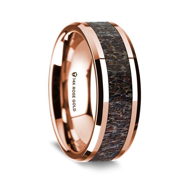 14K Rose Gold Polished Beveled Edges Wedding Ring with Dark Deer Antler Inlay - 8 mm