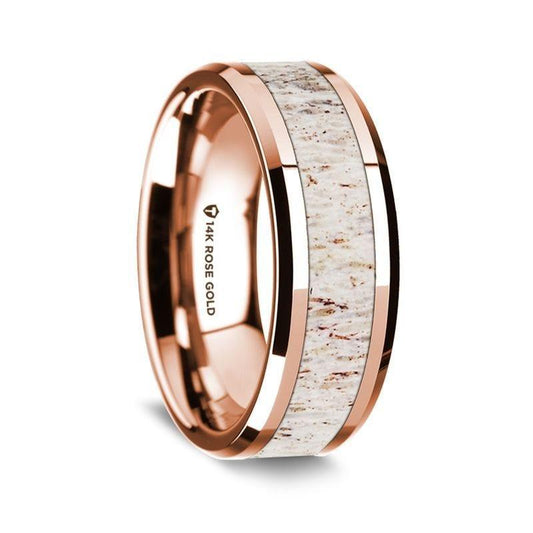 14K Rose Gold Polished Beveled Edges Wedding Ring with White Deer Antler Inlay - 8 mm