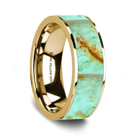 Flat Polished 14K Yellow Gold Wedding Ring with Turquoise Inlay - 8 mm