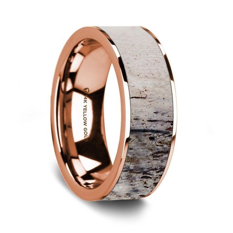 Flat Polished 14K Rose Gold Wedding Ring With Ombre Deer Antler Inlay - 8 mm