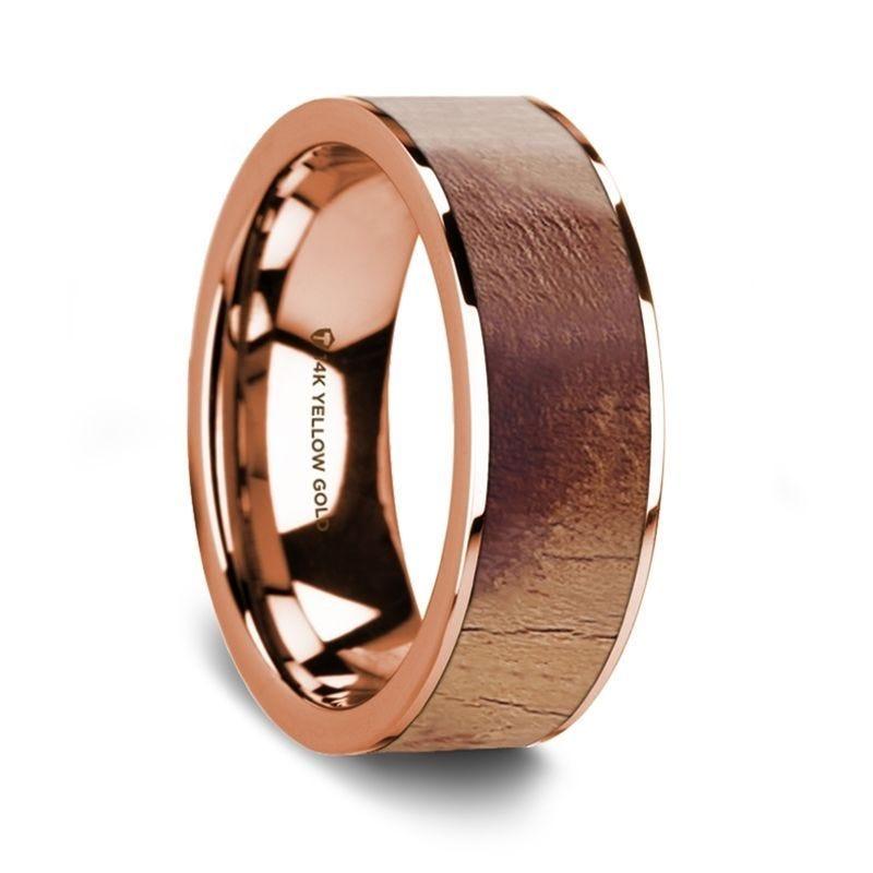 Flat Polished 14K Rose Gold Wedding Ring with Olive Wood Inlay - 8 mm