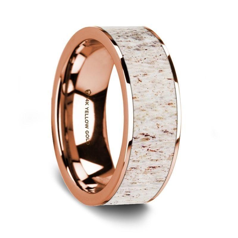 Flat Polished 14K Rose Gold Wedding Ring with White Deer Antler Inlay - 8 mm