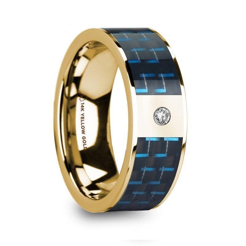 CLETUS Polished 14k Yellow Gold & Black/Blue Carbon Fiber Men’s Wedding Band with Diamond - 8mm