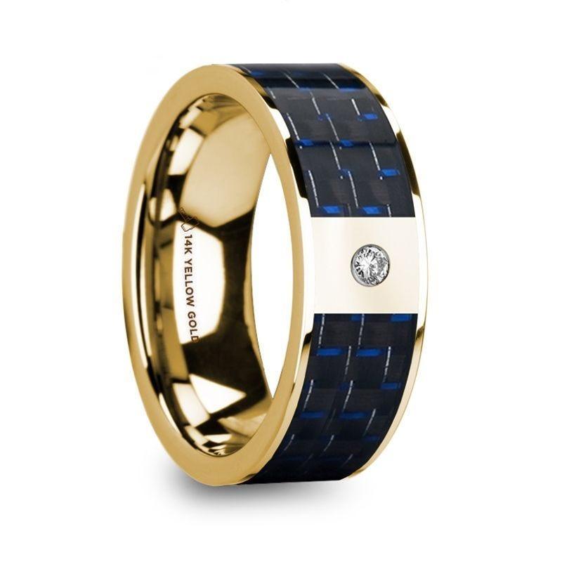 FLAVIA Men’s 14k Yellow Gold Flat Wedding Ring with Diamond Center & Blue/Black Carbon Fiber Inlay - 8mm