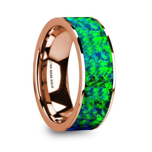 HESPEROS Men’s 14K Rose Gold & Green/Blue Opal Inlaid Flat Wedding Band - 8mm