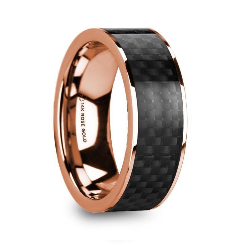 IORGOS Polished 14k Rose Gold Men’s Wedding Band with Black Carbon Fiber Inlay - 8mm