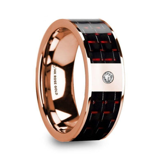 KLEMENIS Men’s 14k Rose Gold Flat Wedding Ring with Red & Black Carbon Fiber Inlay & Diamond - 8mm